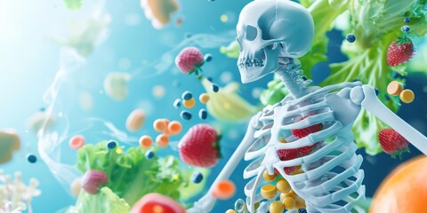healthy bone human with Foods vitamin or Calcium, and Collagen, Medical food concept background 3d illustration.