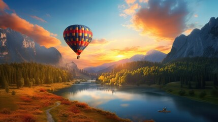 hot air balloon flying over country with mountains rivers and forests, beautiful landscape at sunset with blue sky.