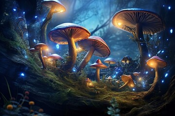 Magic mushrooms growing in magical forest. Hallucinogen mushrooms - 711388727