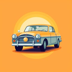 Illustration of a car. Simple vector art with the front view of an old car. Cartoon drawing of a car. AI generated. Yellow background.