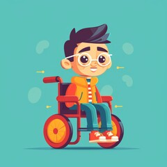 Obraz premium Illustration of a happy boy sitting in a wheelchair. Simple vector art of a boy riding on a wheelchair. Cartoon of a man sitting in a wheelchair and smiling. Blue background.