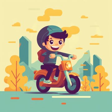 Illustration of a happy man driving a motorbike. Simple vector art of a man sitting on a motorcycle. Cartoon of an excited man riding motorbike. AI generated.