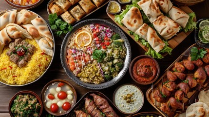 Fototapeta na wymiar Middle Eastern traditional food during Iftar dinner on Ramadan.