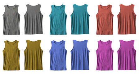 Set of Blank Tank top colorful front and back view#01 cutout on transparent background. Mockup template product presentation.