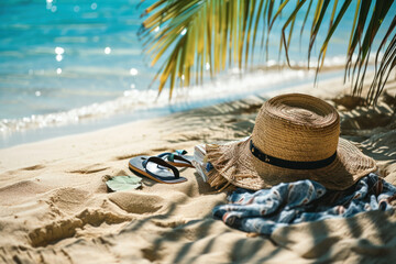 Seaside relaxation with a straw hat, sunglasses, and beach essentials in a sunny tropical paradise. - obrazy, fototapety, plakaty