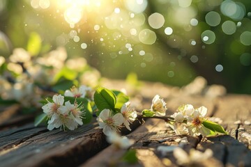 A tender spring scene with blooming jasmine on a wooden plank, surrounded by greenery and sunlight.