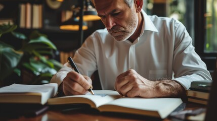 older adult business man writing in notebook, middle aged author or writer taking notes thinking of new ideas