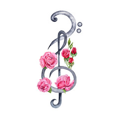 Treble and Bass Clef decorated with Pink Roses composition. Classical Music design element. Watercolor illustration isolated on white background. For greeting cards, certificates, flyers, logos