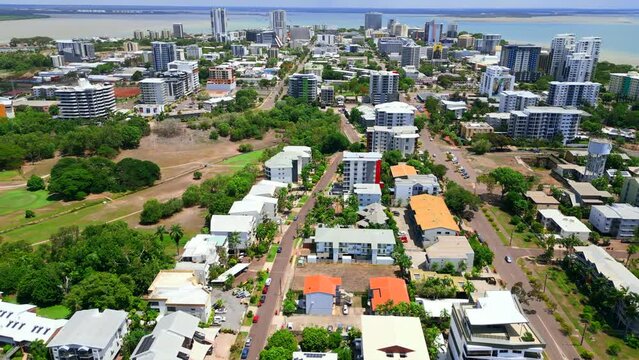 Drone aerial footage of Dariwin, NT, Australia. apartment bulging in small coastal city with ocean views. Northern Territory seaside town