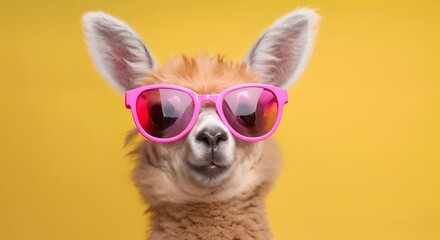 A llama with pink sunglasses on a yellow background.