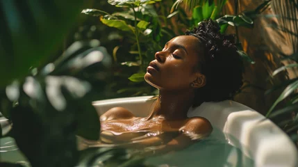 Papier Peint photo Spa African american woman relaxing in the bath on a background with tropical plants. spa treatment, concept of body and skin care.