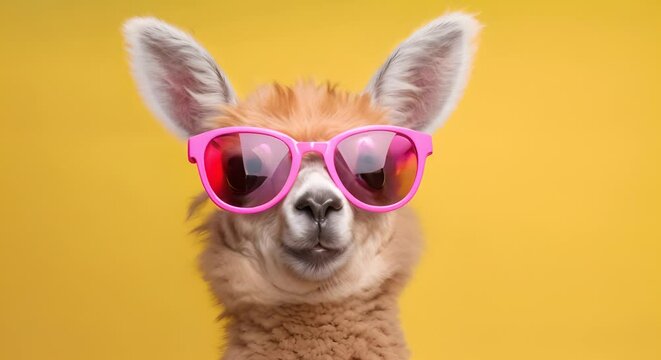 A llama with pink sunglasses on a yellow background.