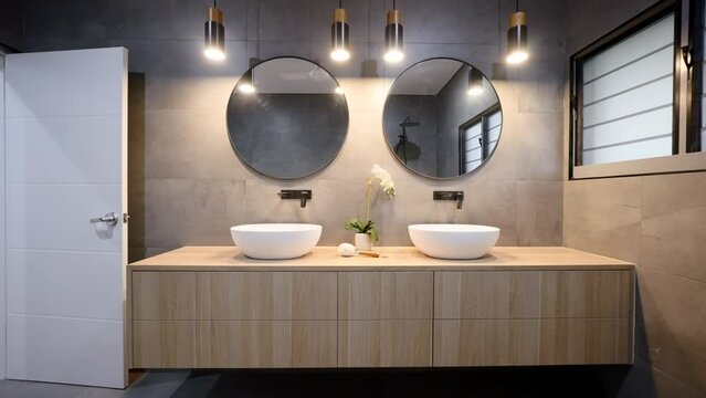 wooden double vanity with his and hers sides. Modern styling with dark grey and wood textures. Home decor