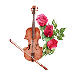 Violin with Bow decorated with Red Roses. Classical Music composition. Watercolor illustration isolated on transparent background. Stylish design element for cards, certificates, flyers, invitations
