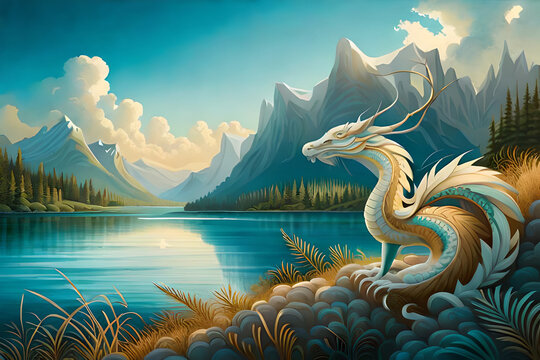 A painting of a friendly dinosaur with a mountain in the background.