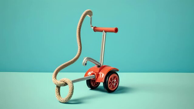 A child&acirc;s tricycle with a rope tied to the handlebar demonstrating physical attachment. Psychology art concept.