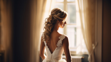 Fototapeta premium bride in her wedding dress from behind