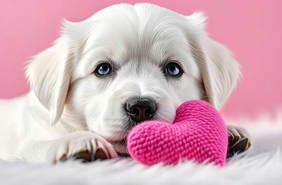 Cute white puppy holding a pink heart in his hands. The 14th of February. Valentine's card. Vet 