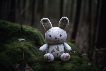 A cute plushie toy with a heart-shaped accessory is placed in a mystical woodland. Generative AI