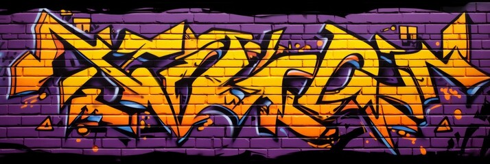 Graffiti background on a brick wall, black yellow purple. Banner