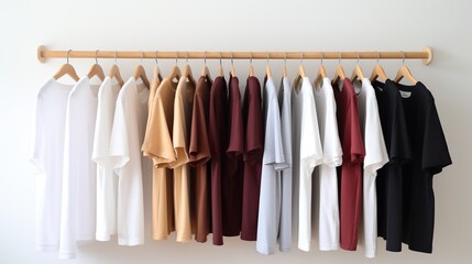 A row of tops and long-sleeved shirts hanging on a wooden rod against a plain background. The clothes are from dark to light colors, from black, dark red, yellow, white to gray and beige.