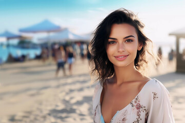Beautiful young woman at the beach portrait. Generative ai design.