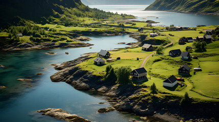 A remote fjord, with isolated fishing villages as the background, during the quietude of a summer evening