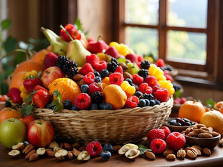 colorful arrangement of fresh fruits, nuts, or other healthy snacks.