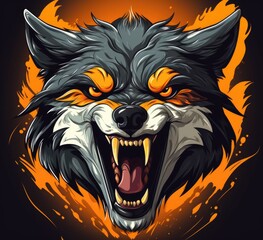 angry and hungry wolf painting in orange and black with his teeth and mouth open