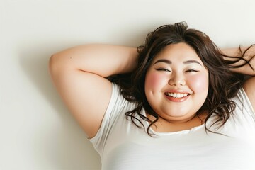 太っている日本人女性のポートレート（デブ・肥満・減量・オーバーサイズ・ダイエット）  - obrazy, fototapety, plakaty