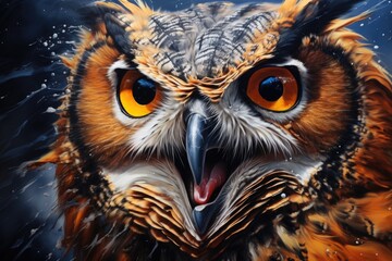 an orange owl is painted in colors on a canvas