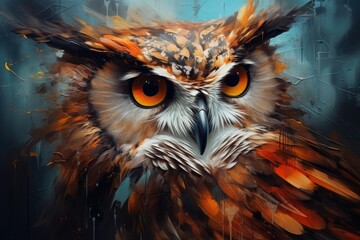 an orange owl is painted in colors on a canvas