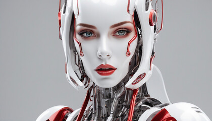 Android robot. Robot woman. Portrait of a female cyborg. Fantastic humanoid robot. Gray background. AI generated