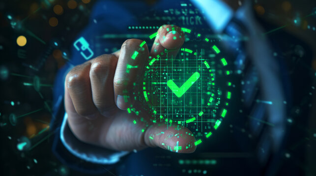 Green check mark for compliance, certification or audit concept with a business man holding a digital hologram of green compliance tick symbol
