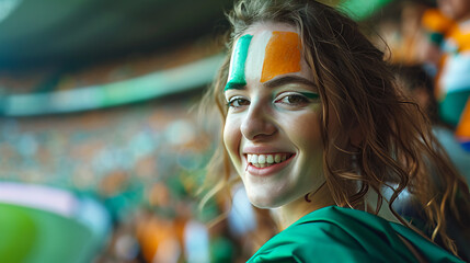 Happy Irish woman supporter with face painted in Ireland flag colors, green white and orange, irishwoman fan at a sports event such as football or rugby match, blurry stadium background, copy space - Powered by Adobe