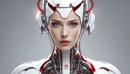 Robot android. Female robot. Portrait of a cyborg woman. Fantastic humanoid robot. Gray background. AI generated