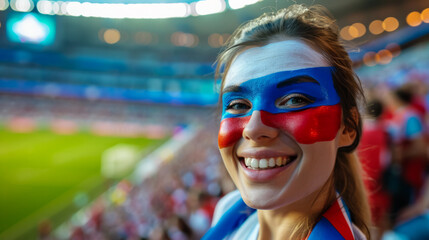 Happy Russian woman supporter with face painted in Russia flag colors, white blue and red, Russian fan at a sports event such as football or rugby match, blurry stadium background, copy space - obrazy, fototapety, plakaty