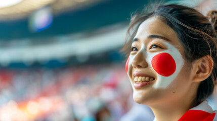 Happy Japanese woman supporter with face painted in Japan flag colors, red and white, Japanese fan...