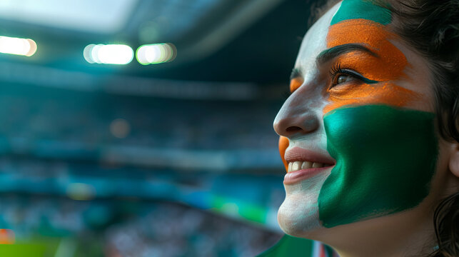 Happy Irish woman supporter with face painted in Ireland flag colors, green white and orange, irishwoman fan at a sports event such as football or rugby match, blurry stadium background, copy space