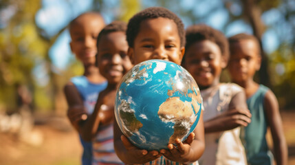 International day of peace concept with African Children holding earth globe. Group of African children holding planet earth over blurry nature background with copy space - Powered by Adobe
