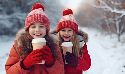 Two Girls Enjoying Winter with Warm Coffee