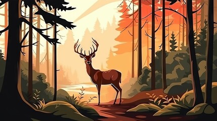 Illustration of a deer standing in the forest and looking at the camera. Art of a deer with big horns standing in a beautiful forest. Illustration of a beautiful deer in the woods looking forward.