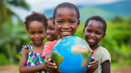 International day of peace concept with African Children holding earth globe. Group of African children holding planet earth over blurry nature background with copy space