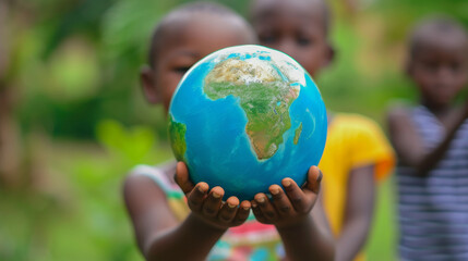 International day of peace concept with African Children holding earth globe. Group of African children holding planet earth over blurry nature background with copy space
