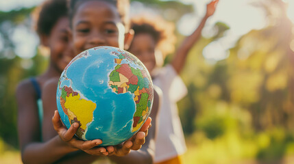 International day of peace concept with African Children holding earth globe. Group of African...