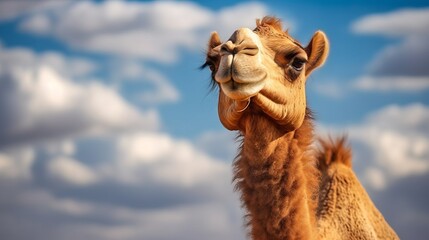 Closeup of a camel face looking forward. Wildlife image of a camel in the sun on the background of a cloudy sky. Big camel standing looking to the side. - obrazy, fototapety, plakaty