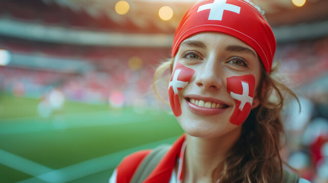 Happy Swiss woman supporter with face painted in Switzerland flag colors, white and red, Swiss fan at a sports event such as football or rugby match, blurry stadium background, copy space