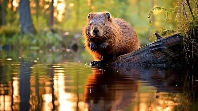 Closeup of a beaver sitting near water in a forest looking at the camera. Wildlife image of a beautiful beaver sitting near a lake on a blurred background. Closeup of a cute rodent looking forward.