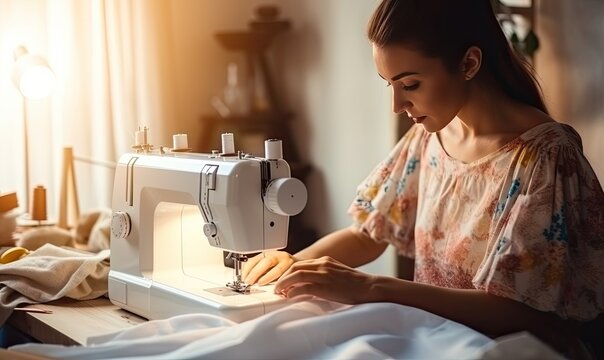 Woman Seamstress Working on Sewing Machine