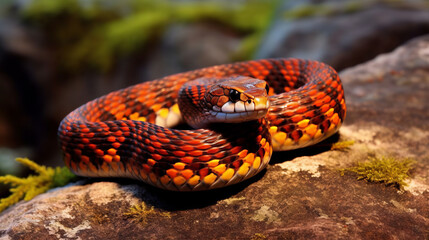 Fototapeta premium Closeup image of an Adder Snake. Wildlife image of a red snake. Portrait of an orange snake with a beautiful pattern crawling on a forest floor. Wildlife image of an Adder snake looking to the side.
